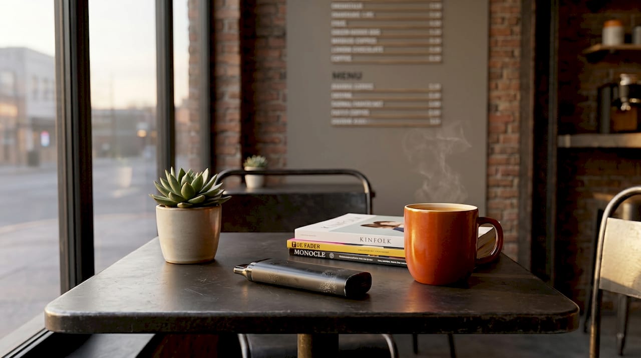 Disposable vape device on desk with laptop and coffee